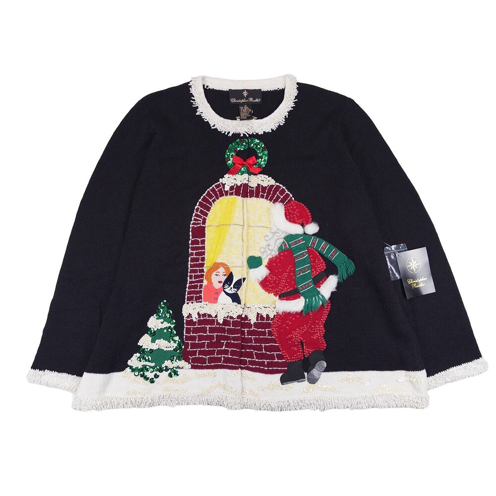Christopher Radko NWT Christmas Sweater Cardigan Black Sequin Santa Cat Snow 1X